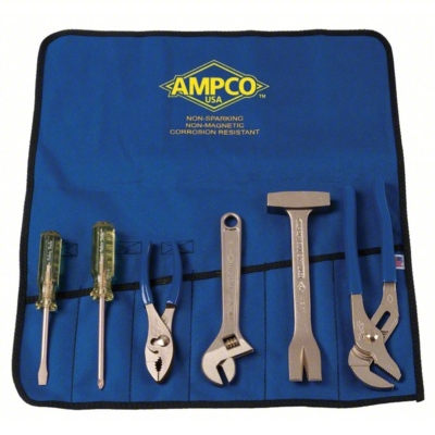 Kit de herramientas AMPCO 4CZ75 antichispas de 6 piezas con almacenamiento en rollo.