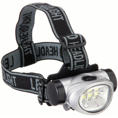 Linterna frontal EMI LED, 60 lm, color plata, con correa elástica ajustable y 3 modos de iluminación.
