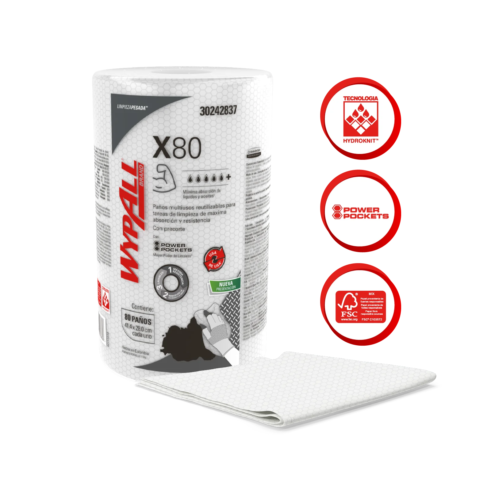 WypAll X80 rollo de paños de limpieza industriales con Power Pockets