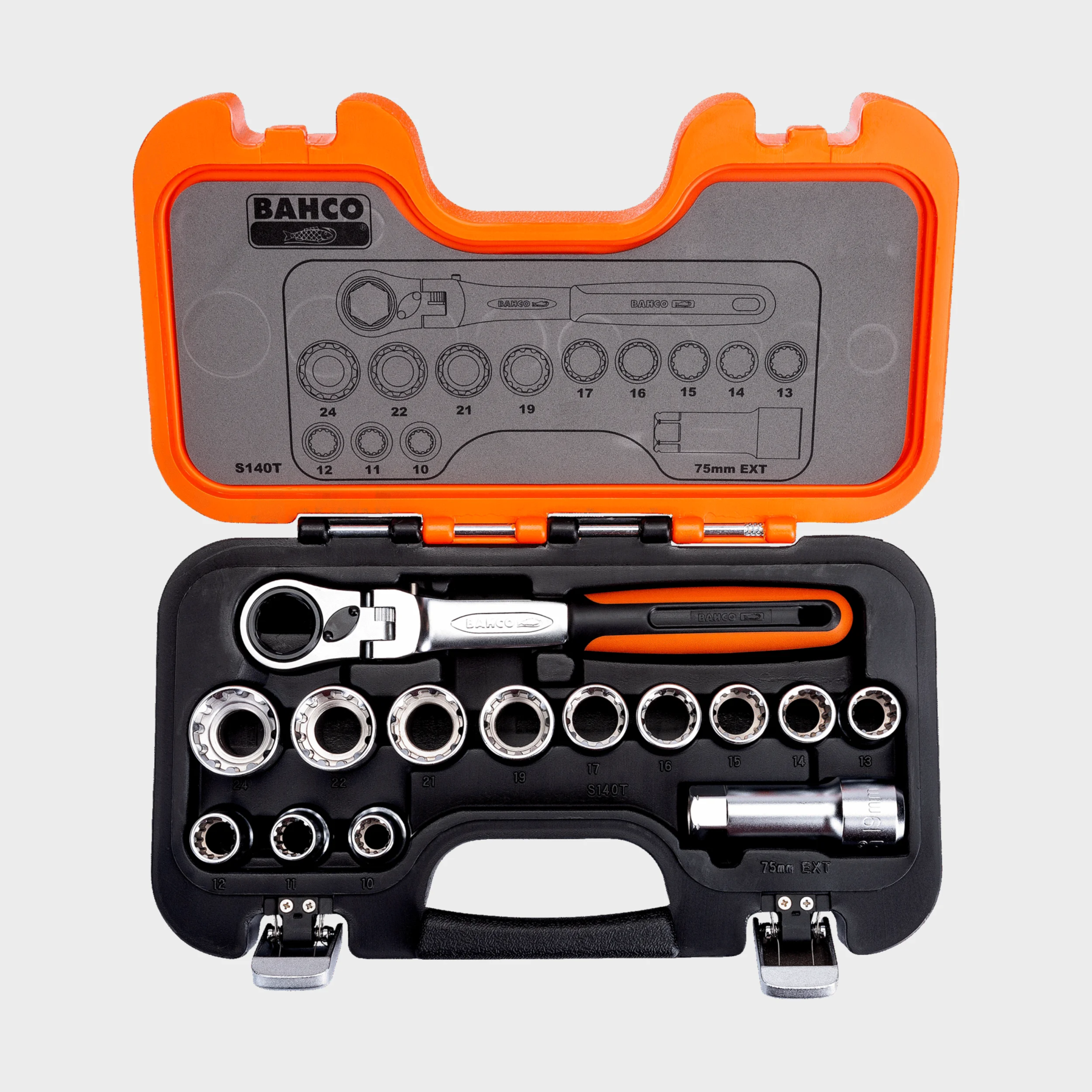 BAHCO SET DE DADOS PASANTES 1/4 14 PIEZAS S140T Set de dados pasantes Bahco S140T 14 piezas con carraca de cabeza flexible